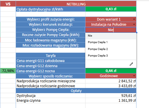 Menu wyboru modelu pompy ciepła w kalkulatorze Eniga