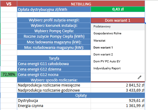 Menu wyboru profilu zużycia energii w kalkulatorze Eniga